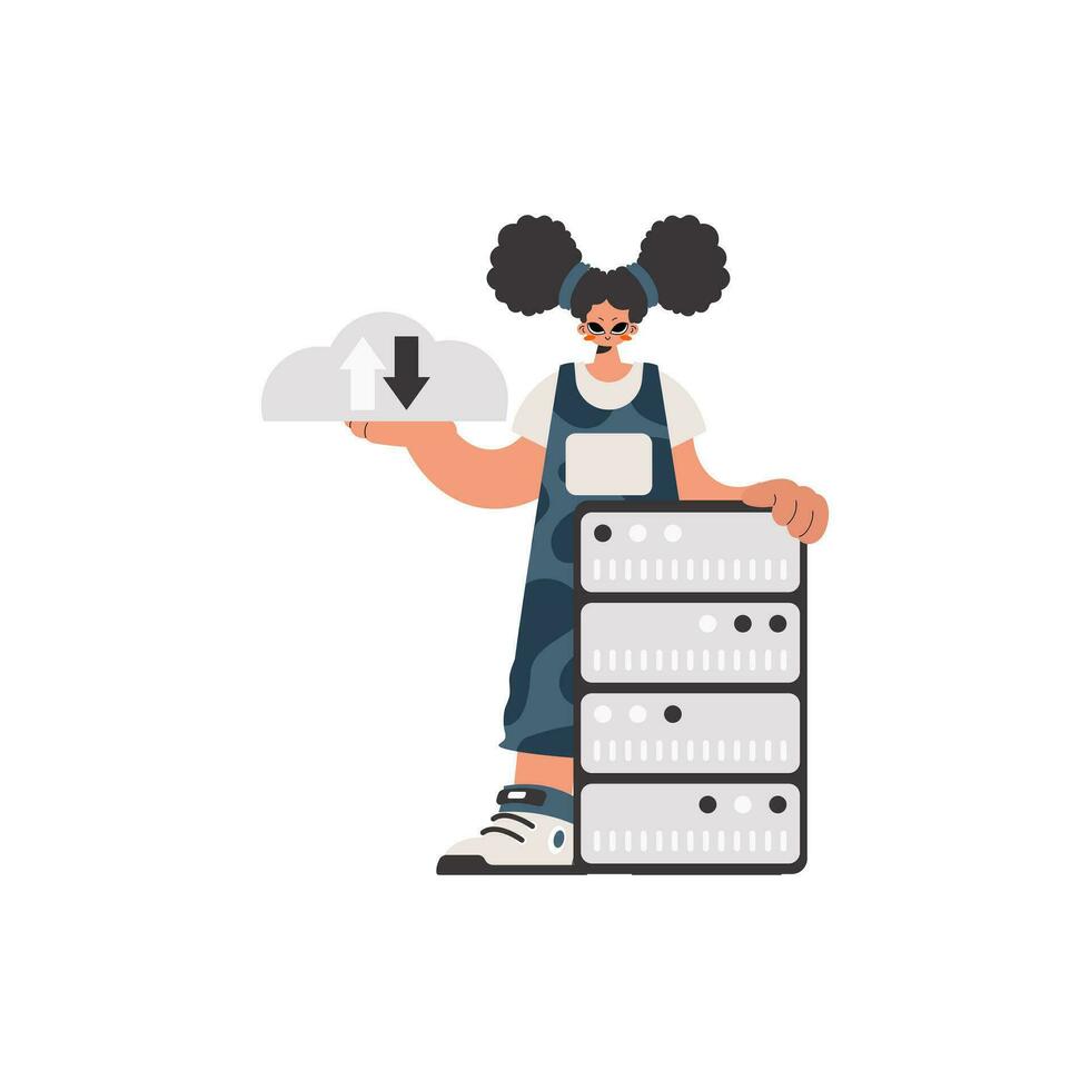 The energized woman is holding a data cloud and a server. Restricted. Trendy style, Vector Illustration