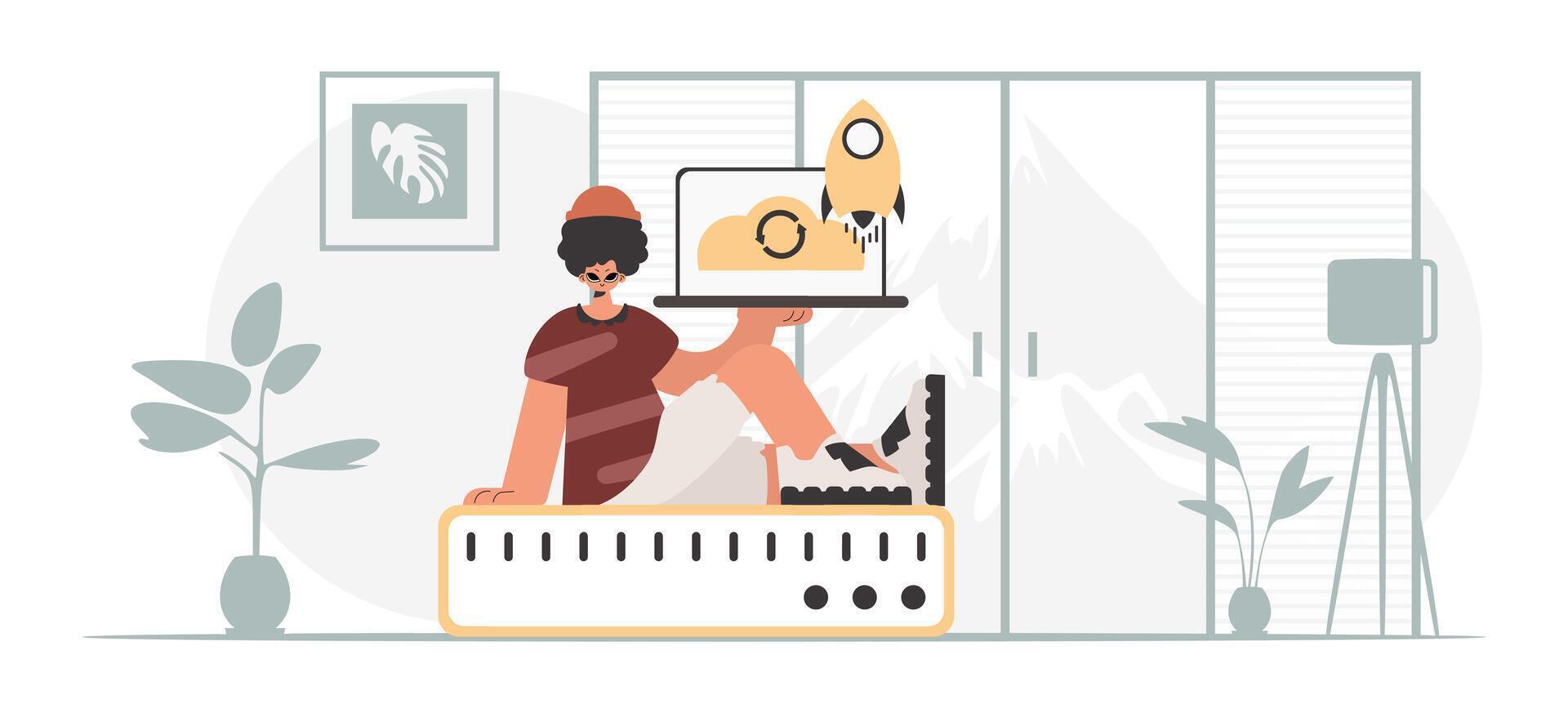 A woman sitting on a computer with a laptop vector