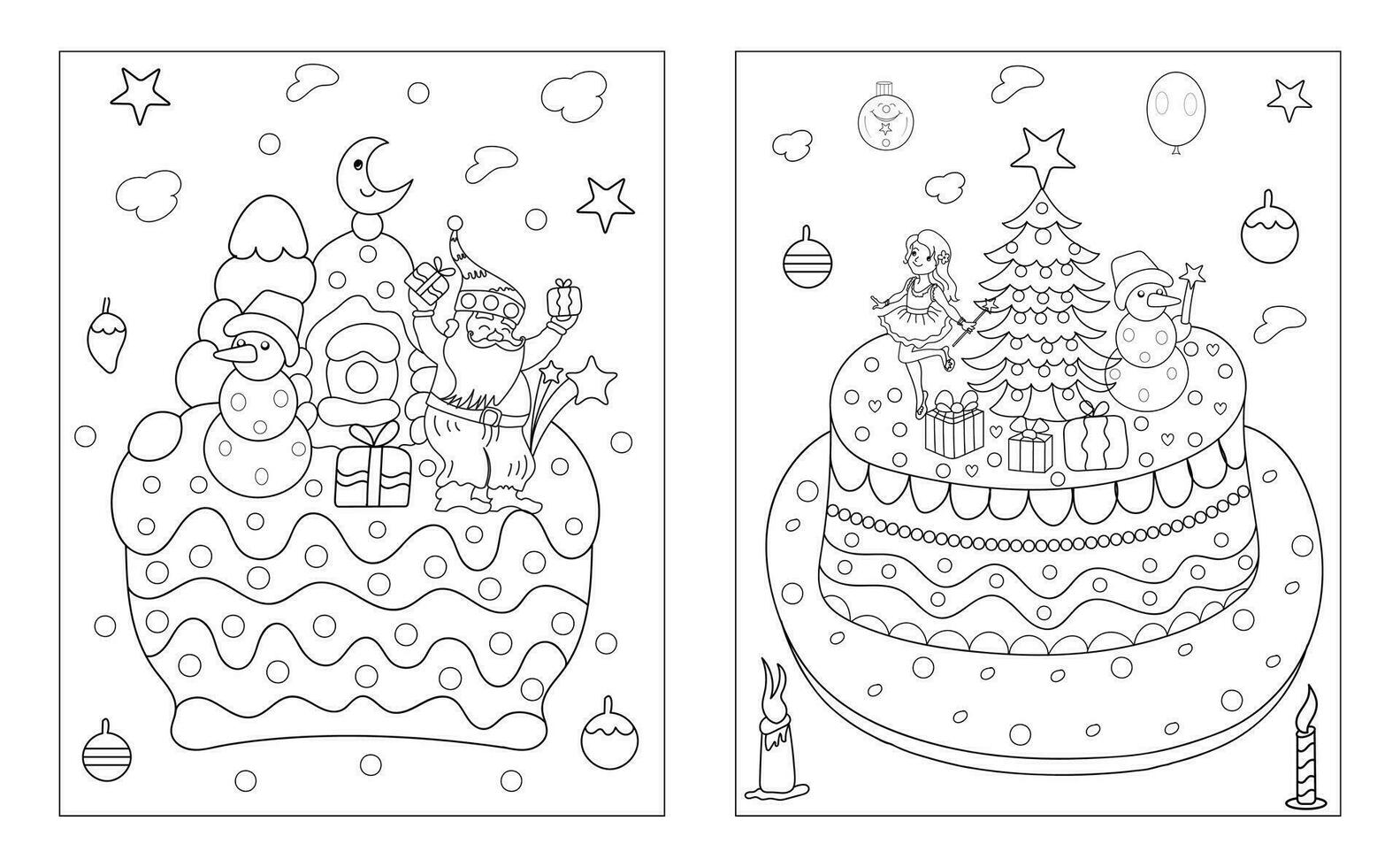 Christmas cake with festive decoration. Baked sponge dessert with Xmas stick, gingerbread house, firs, berries. vector