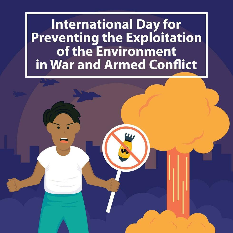 illustration vector graphic of a man is holding a sign prohibiting the use of bombs, perfect for international day, prevention the exploitation, the environment, war and armed conflict, celebrate.