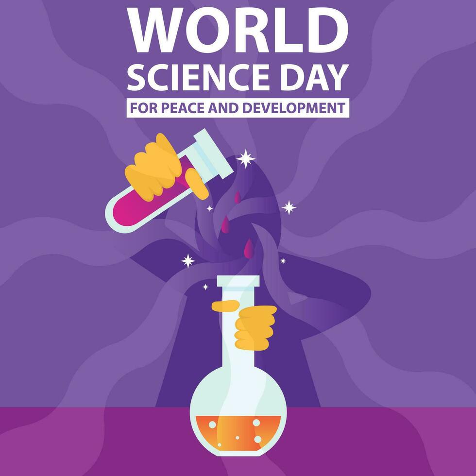 illustration vector graphic of a scientist conducts an experiment combining two different chemical elements, showing a wave reaction, perfect for international day, world science day, peace.