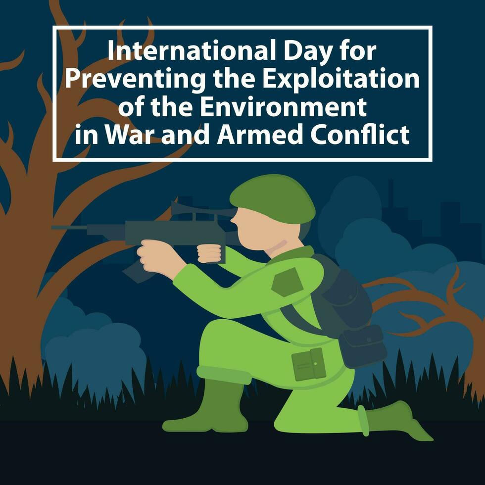 illustration vector graphic of a soldier is aiming at a target with a rifle, perfect for international day, preventing the exploitation, the environment, war and armed conflict, celebrate.