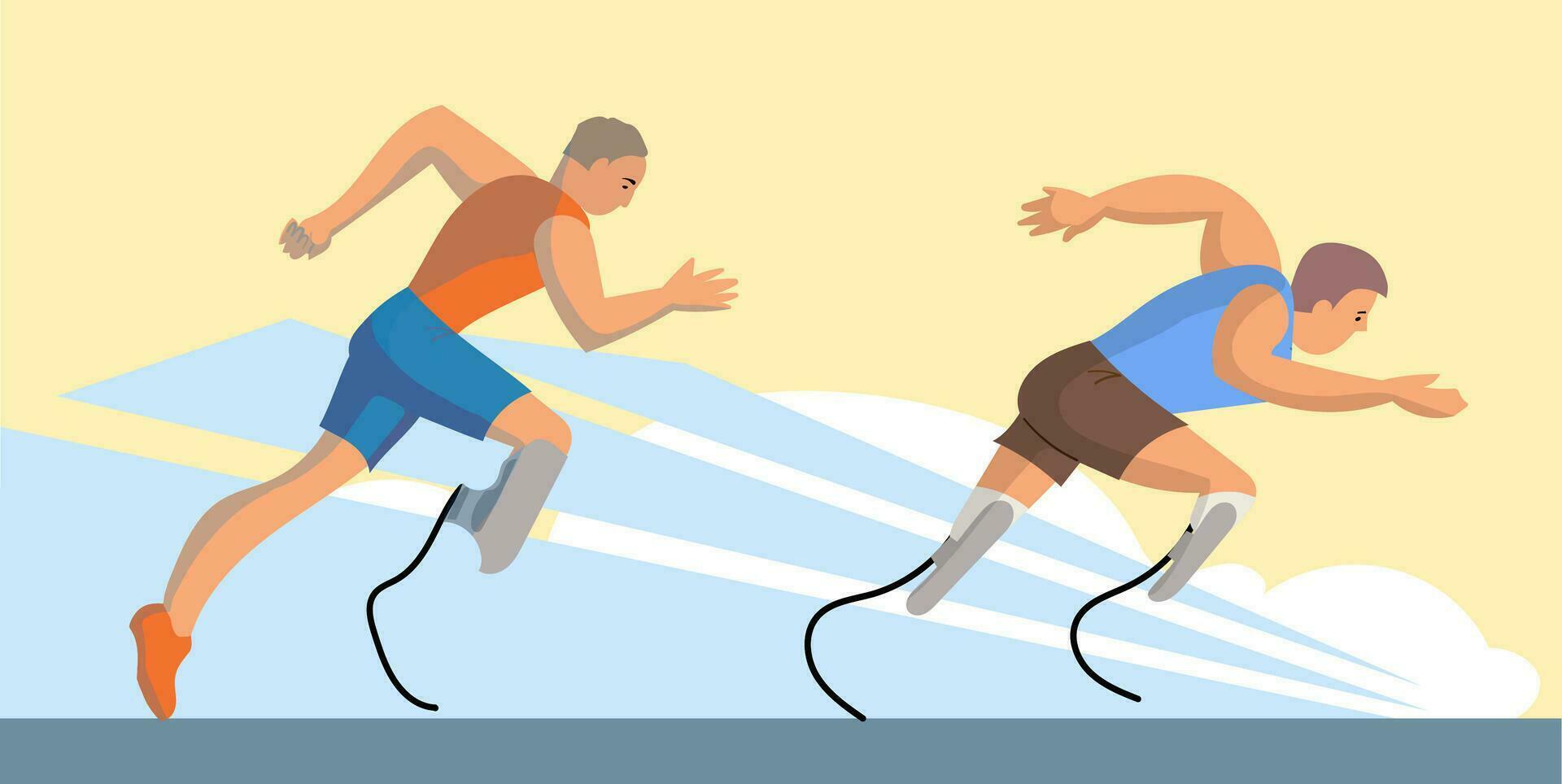 Para sports paralympic sprint running, physical disabled males athlete on prosthetic leg vector