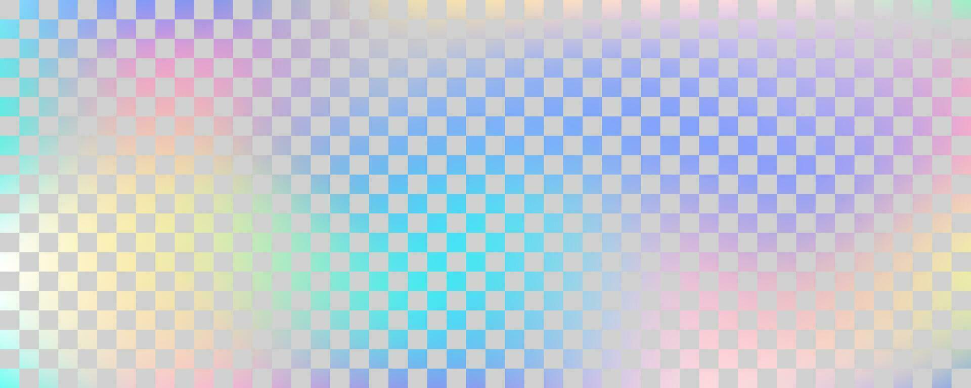 Holographic foil checkerboard background. Iridescent gradient texture. Vector chessboard geometric wallpaper. Silver and neon retro Y2k illustration