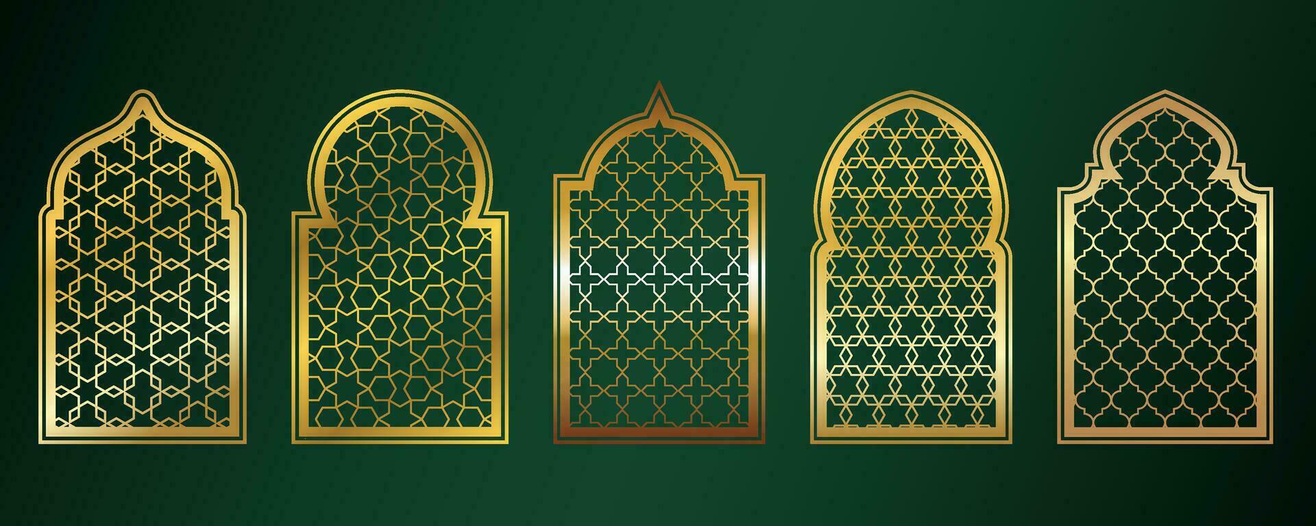 dorado amadan ventanas islámico puerta marcos con ornamento. Arábica mezquita arco en verde antecedentes. islámico vector decoración