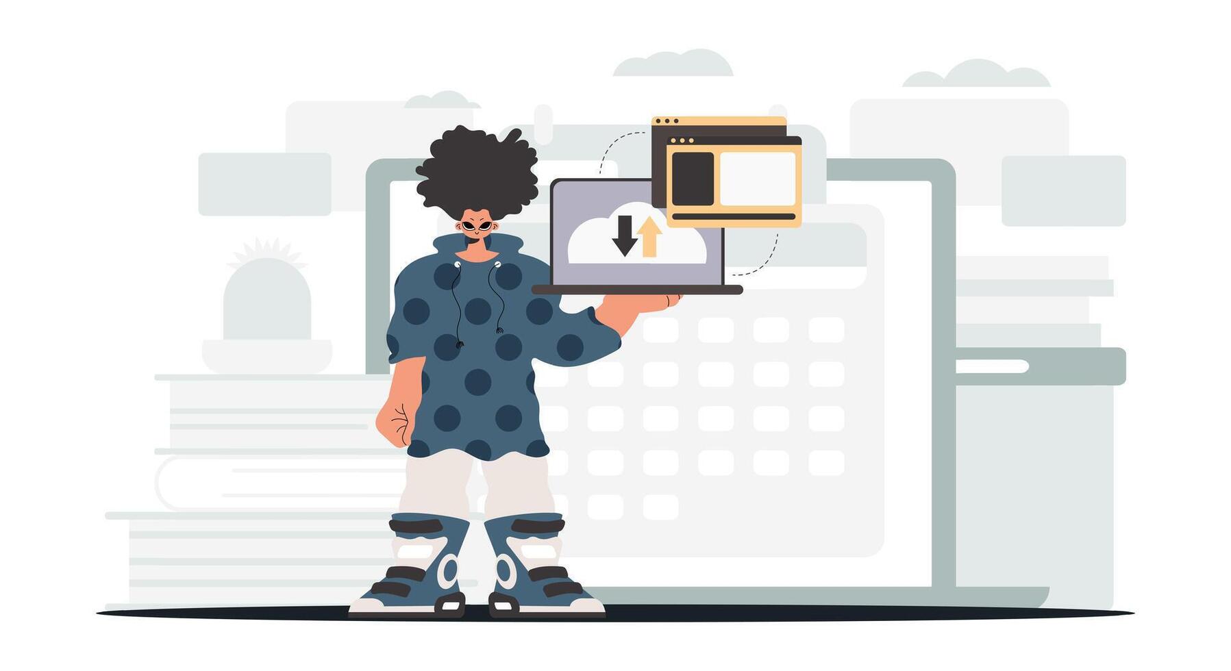 A man holding a laptop and standing next to a computer vector