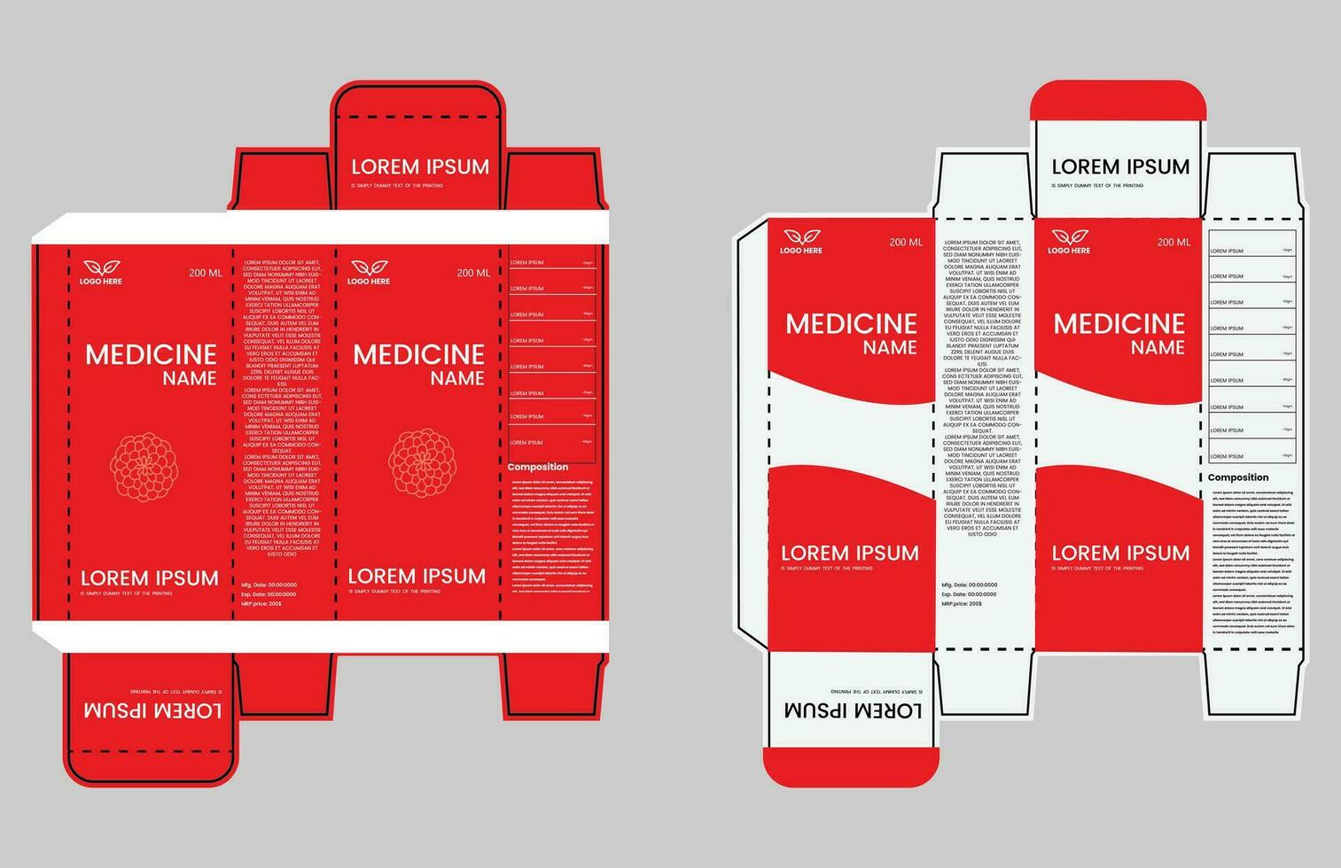 Medicine box design, die-stamping. Vector template design.