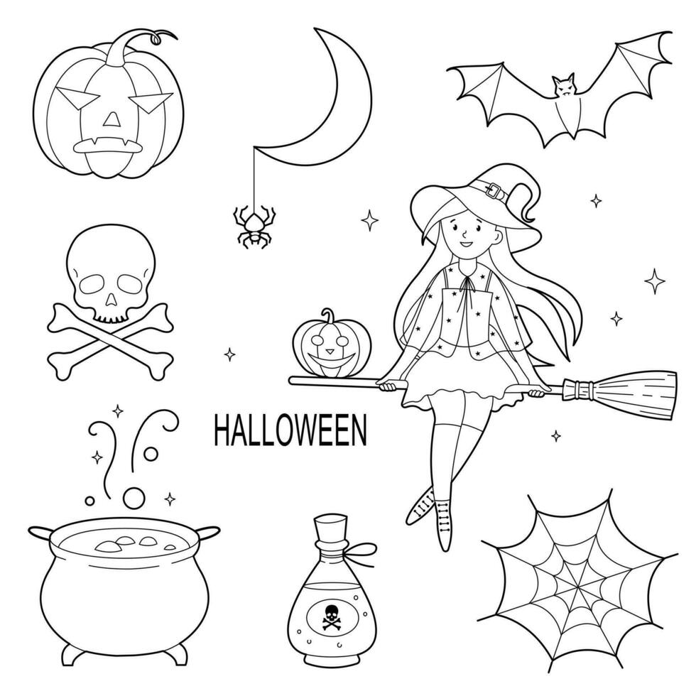Happy Halloween cute vector set with witch,  pumpkin and cauldron isolated on white background
