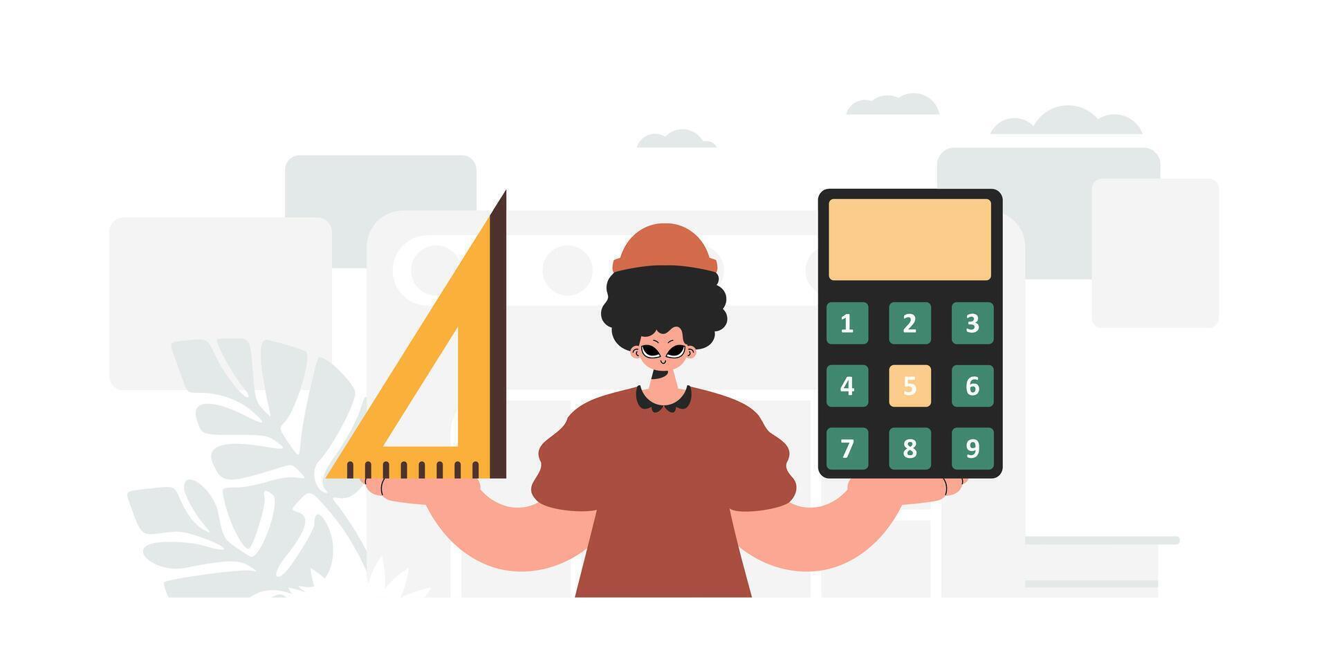 The person is holding a ruler and a calculator, learning subject. Trendy style, Vector Illustration