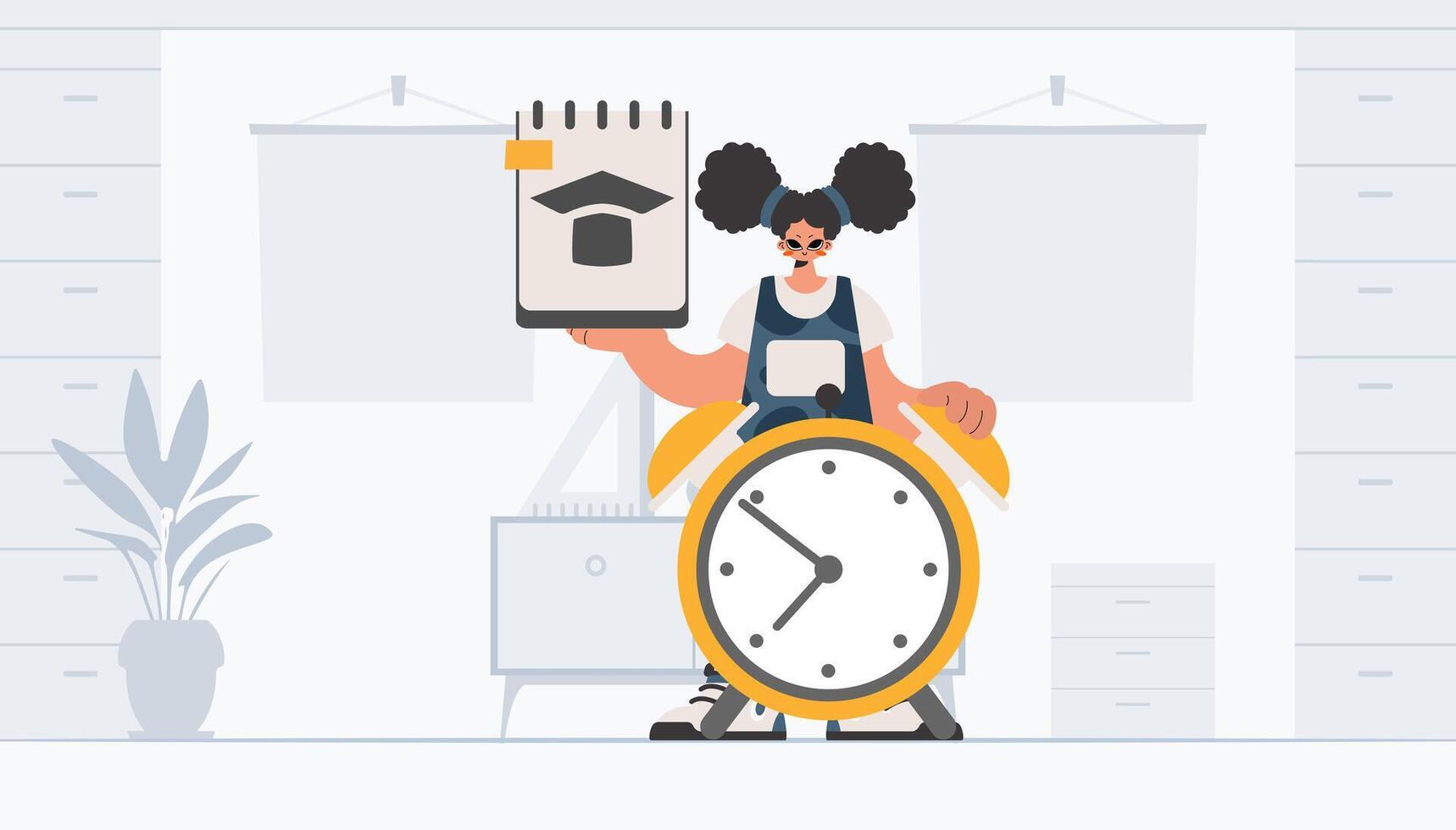 A cartoon woman holding a clock and a calendar vector