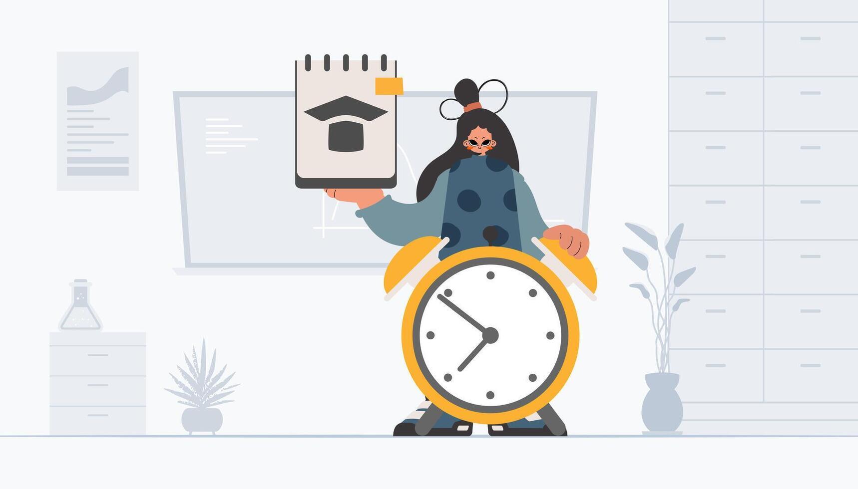 A woman holding a clock and a paper with a calendar vector