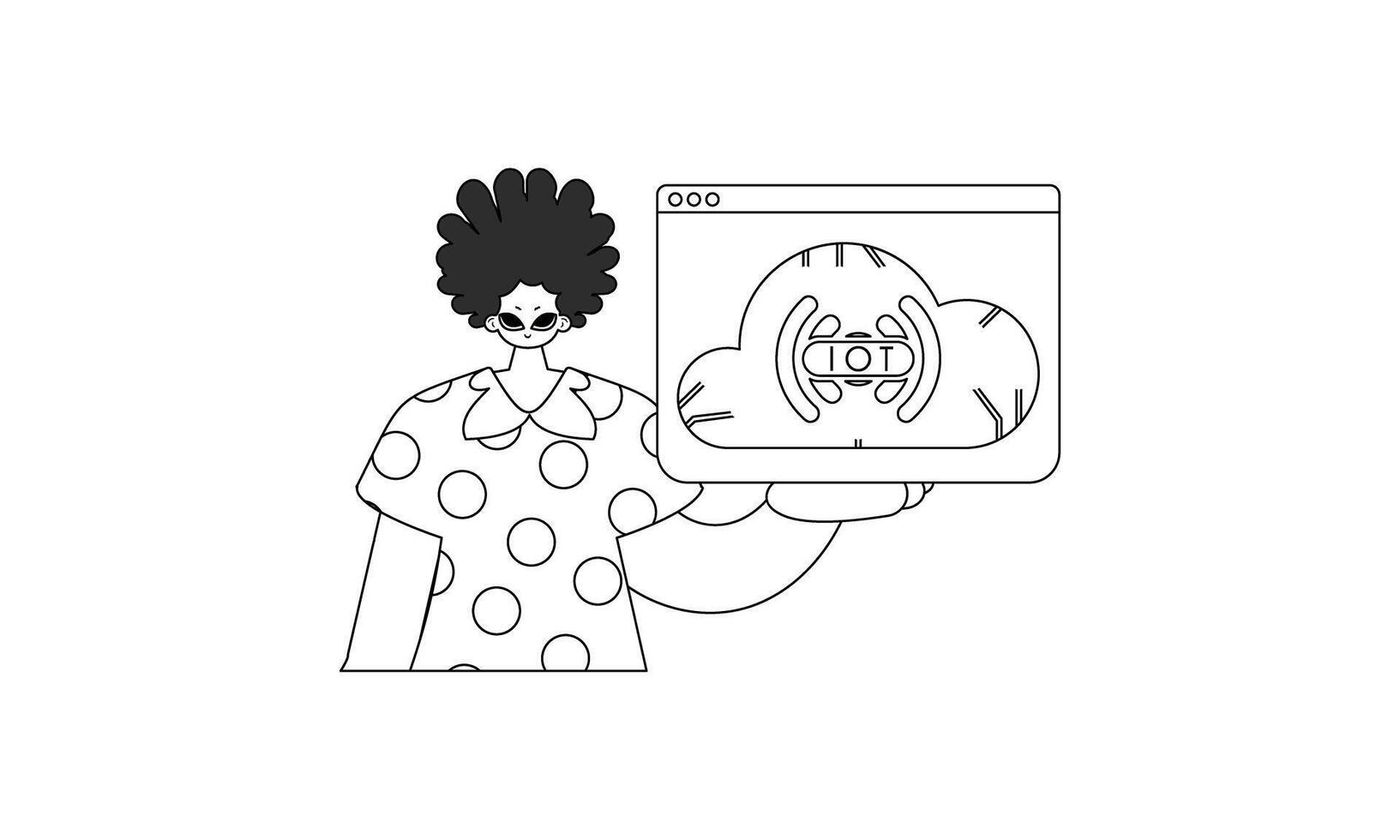 A cartoon woman holding up a computer screen vector