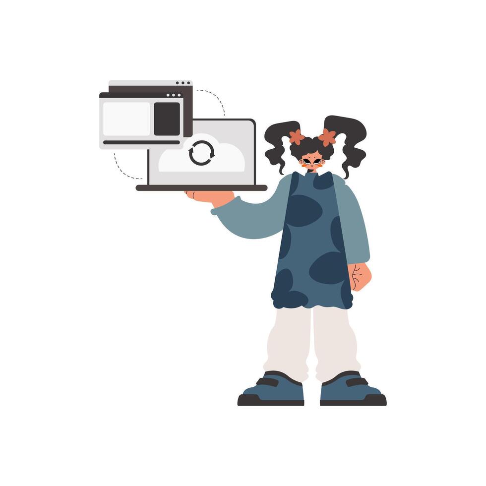 A cartoon man holding a laptop and a mouse vector