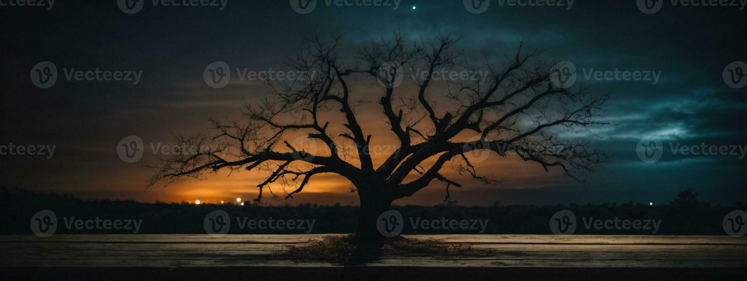 antiguo madera mesa y silueta muerto árbol a noche para Víspera de Todos los Santos fondo.. ai generado foto