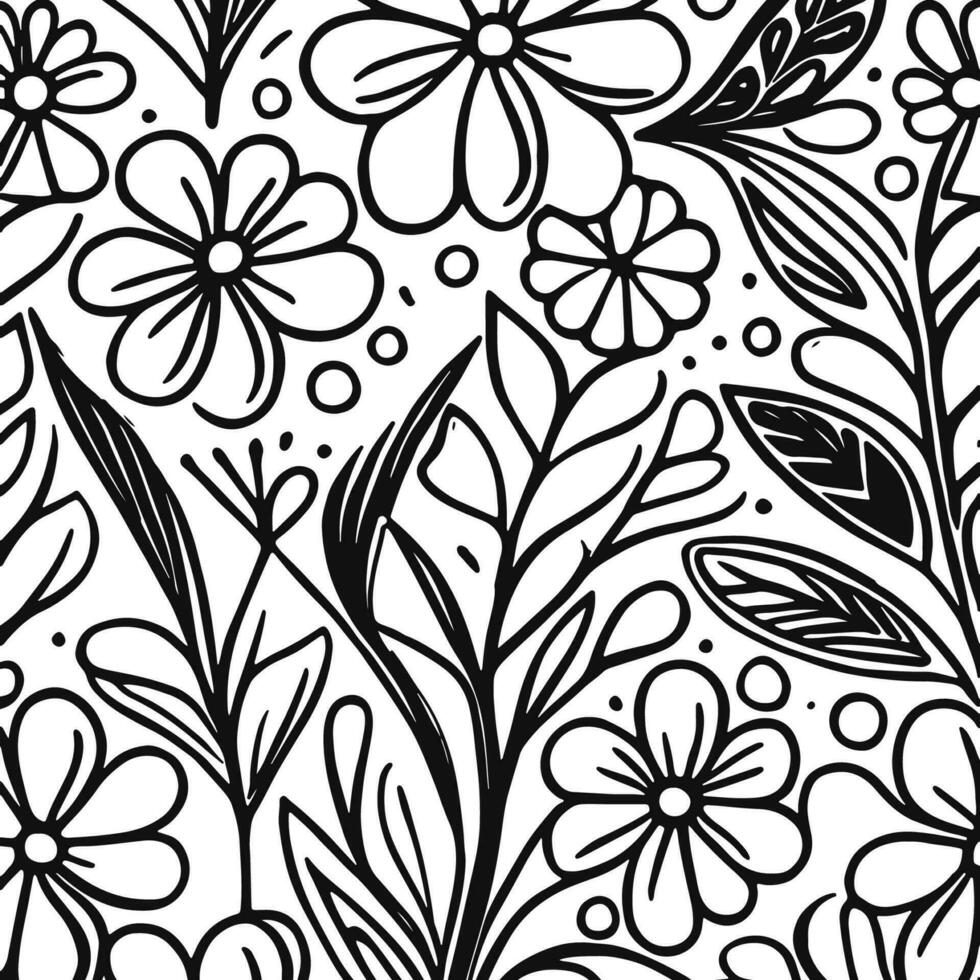 Abstract Black And White Monochromatic Hand-drawn Flowers Texture Pattern Doodle Vector Illustration