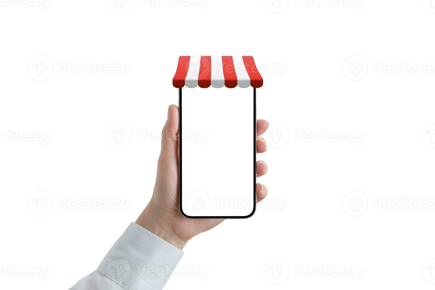 Phone with shop awning in robot hand. Concept of using artificial intelligence in online shopping, optimizing prices and product offer photo