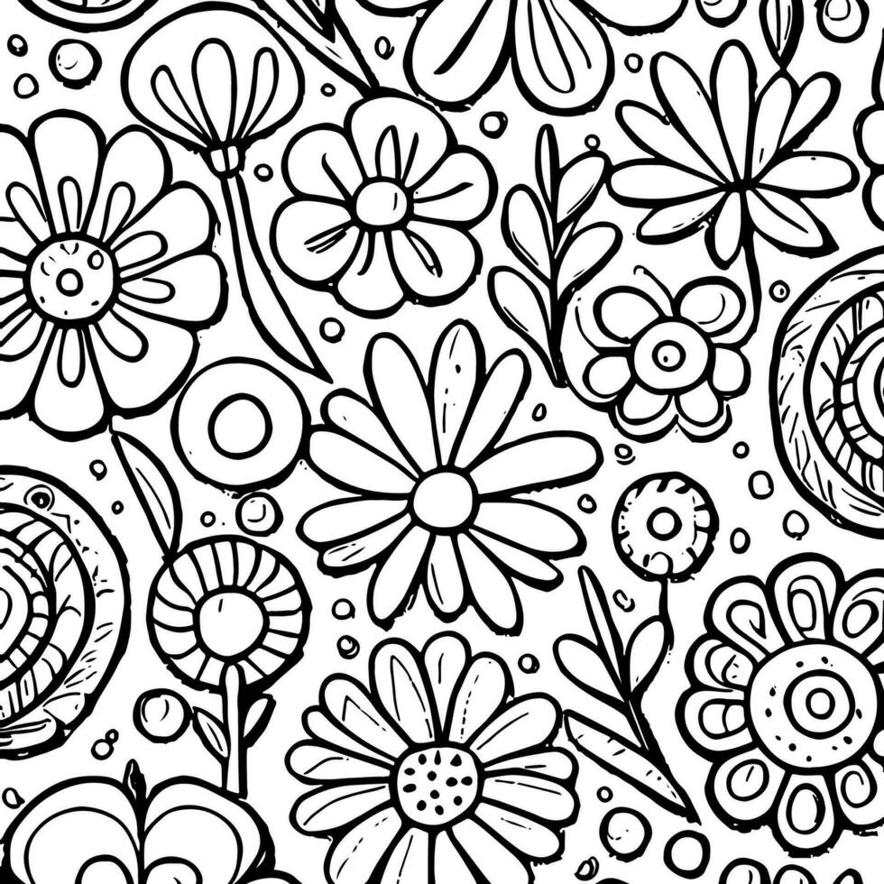 Abstract Black And White Monochromatic Hand-drawn Flowers Texture Pattern Doodle Vector Illustration