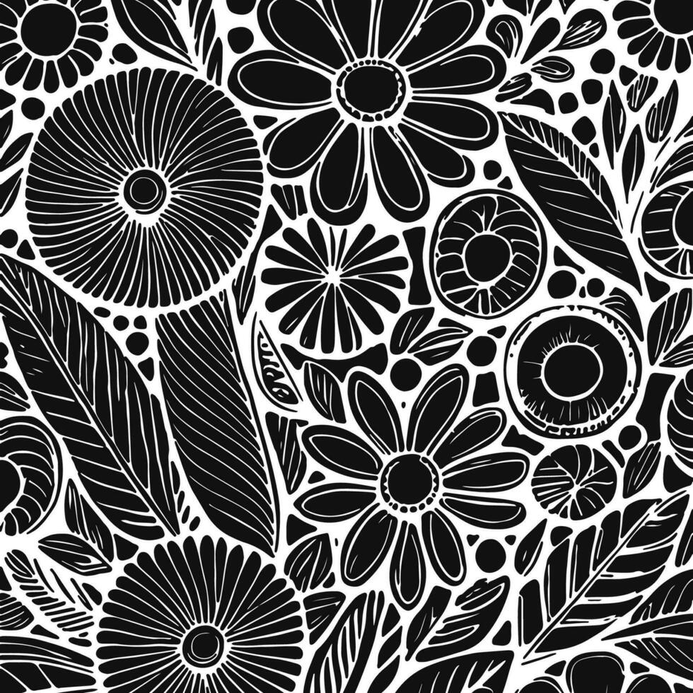 resumen negro y blanco monocromo dibujado a mano flores textura modelo garabatear vector ilustración