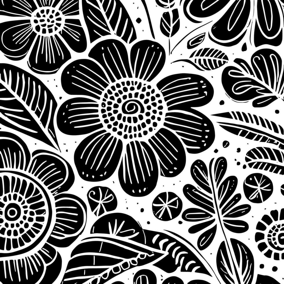 Abstract Black And White Monochromatic Hand-drawn Flowers Texture Pattern Doodle Vector Illustration