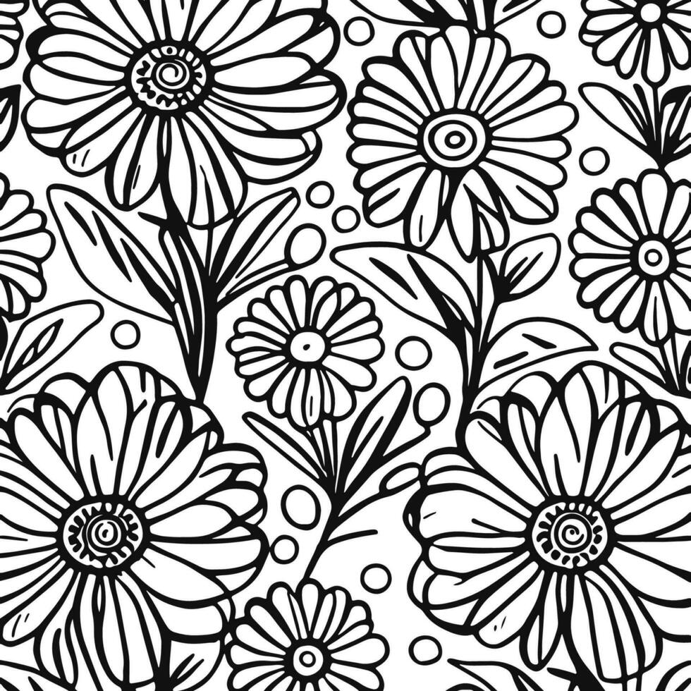 Abstract Black And White Monochromatic Hand-drawn Flowers Texture Pattern Doodle Vector Illustration