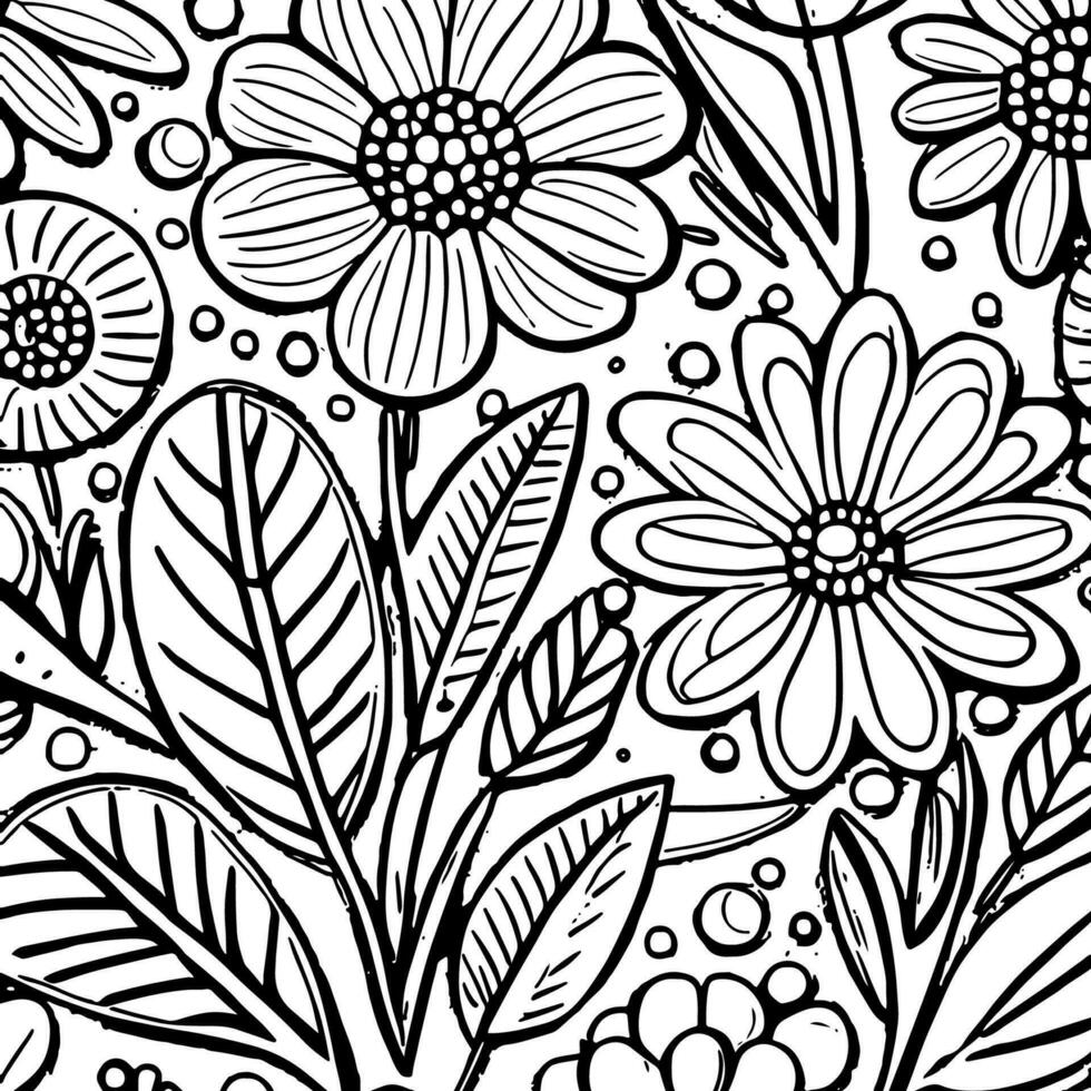 Abstract Black And White Monochromatic Hand-drawn Flowers Texture Pattern Doodle Vector Illustration