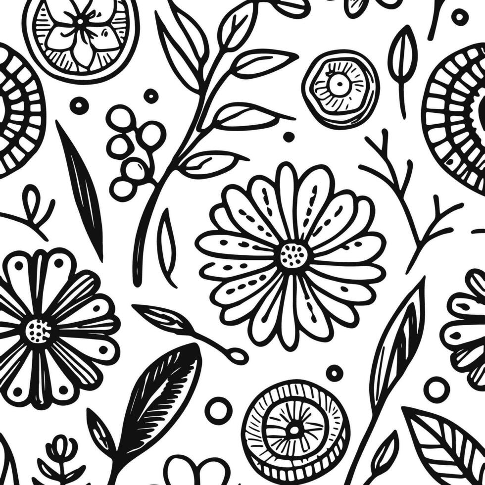 Abstract Black And White Monochromatic Hand-drawn Flowers Texture Pattern Doodle Vector Illustration