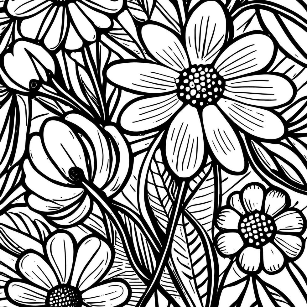 Abstract Black And White Monochromatic Hand-drawn Flowers Texture Pattern Doodle Vector Illustration