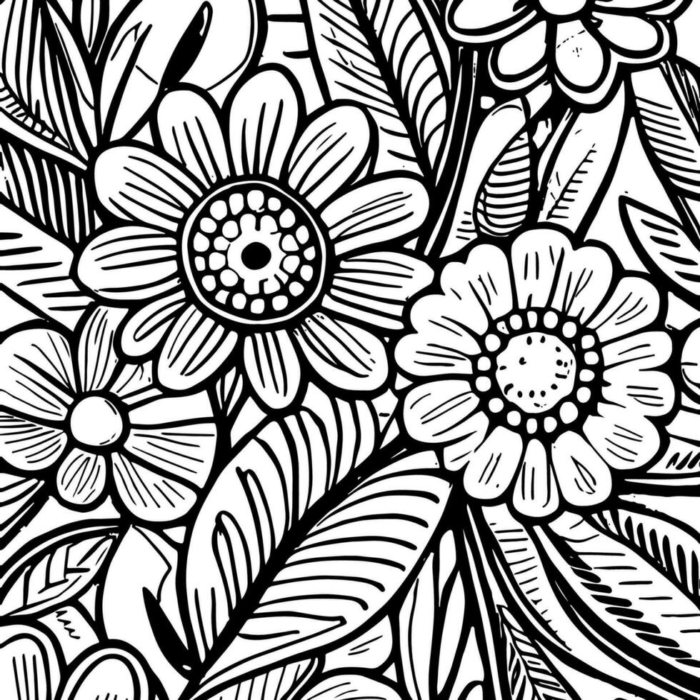 Abstract Black And White Monochromatic Hand-drawn Flowers Texture Pattern Doodle Vector Illustration