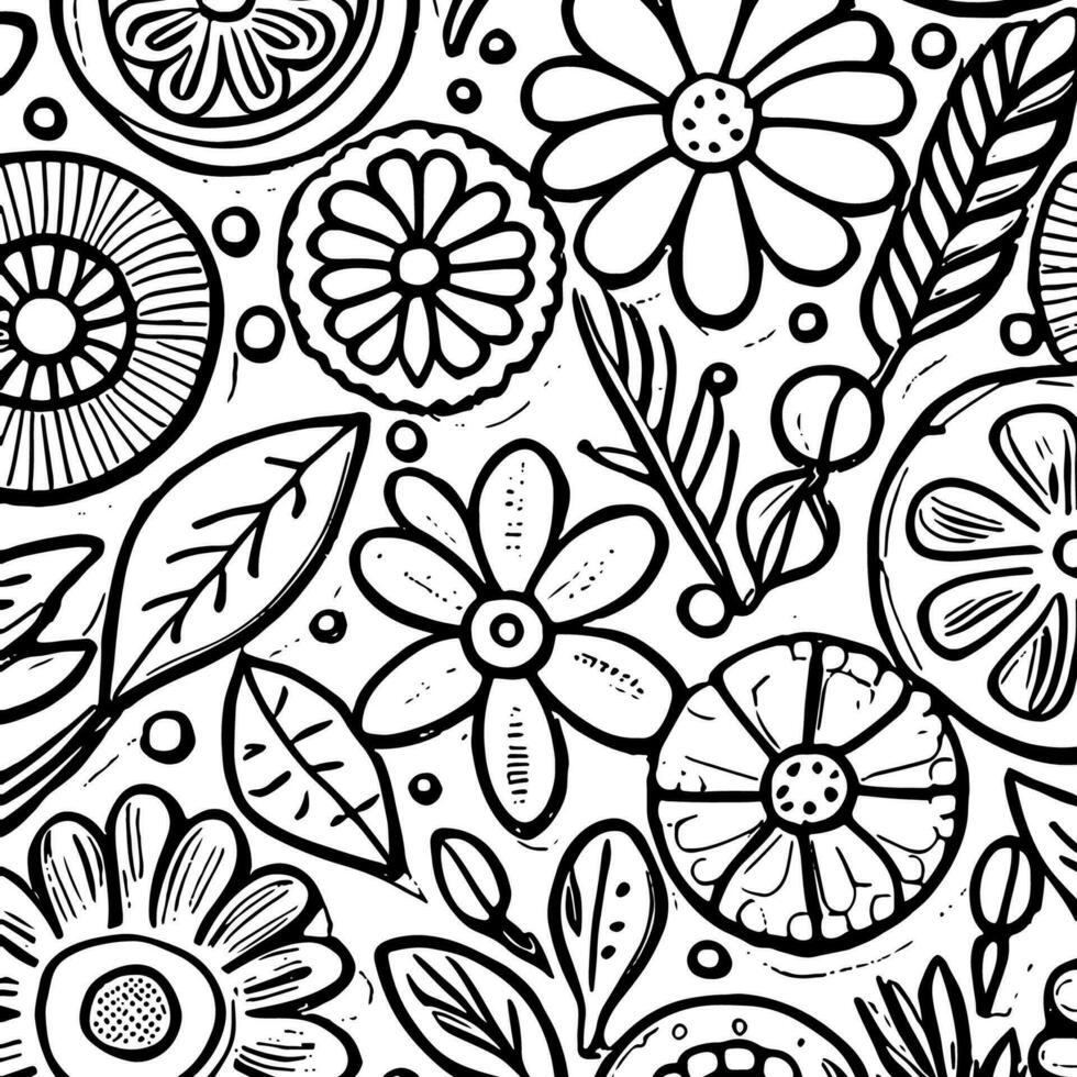 Abstract Black And White Monochromatic Hand-drawn Flowers Texture Pattern Doodle Vector Illustration