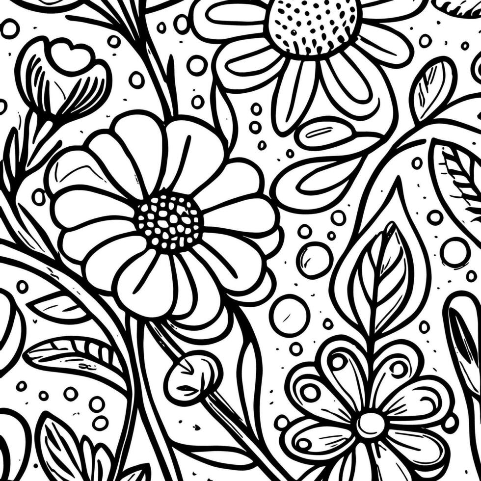 Abstract Black And White Monochromatic Hand-drawn Flowers Texture Pattern Doodle Vector Illustration