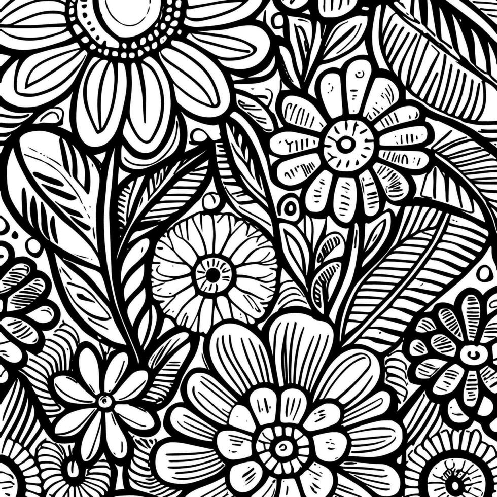 Abstract Black And White Monochromatic Hand-drawn Flowers Texture Pattern Doodle Vector Illustration