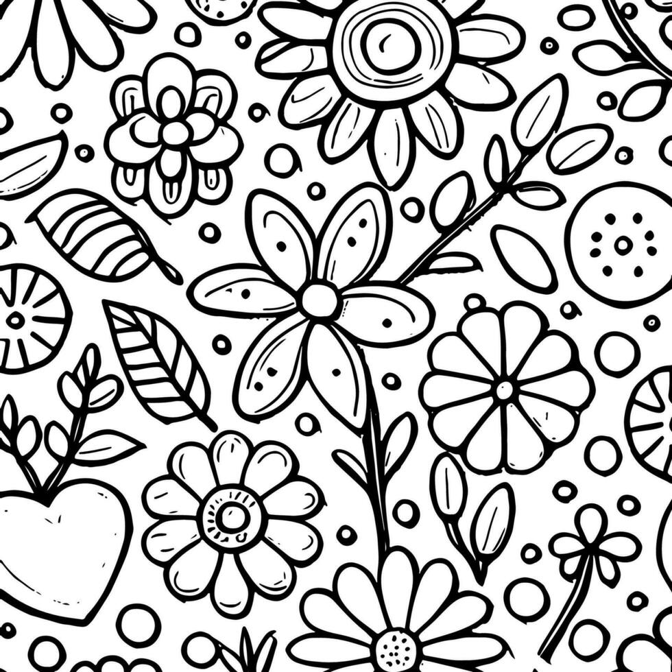 Abstract Black And White Monochromatic Hand-drawn Flowers Texture Pattern Doodle Vector Illustration
