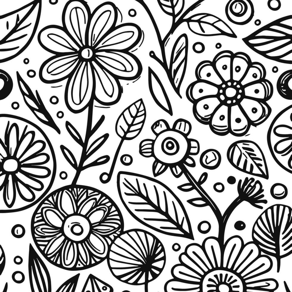 Abstract Black And White Monochromatic Hand-drawn Flowers Texture Pattern Doodle Vector Illustration
