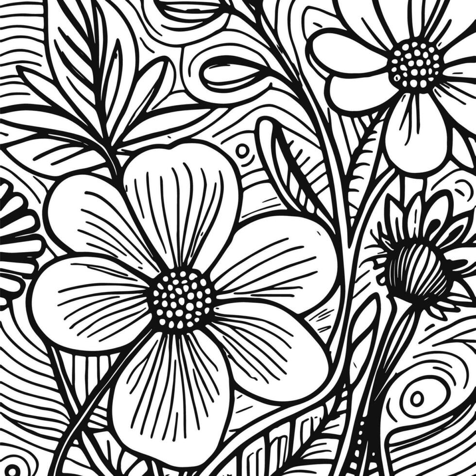 Abstract Black And White Monochromatic Hand-drawn Flowers Texture Pattern Doodle Vector Illustration