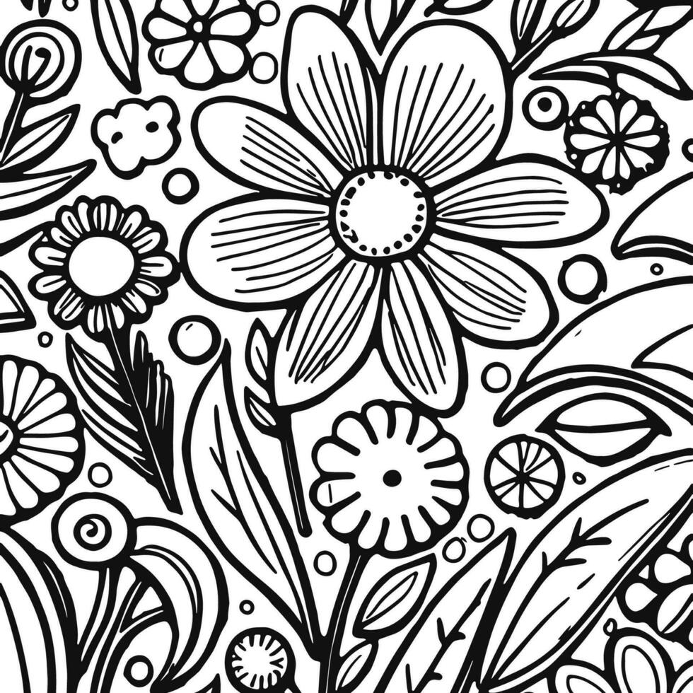 Abstract Black And White Monochromatic Hand-drawn Flowers Texture Pattern Doodle Vector Illustration