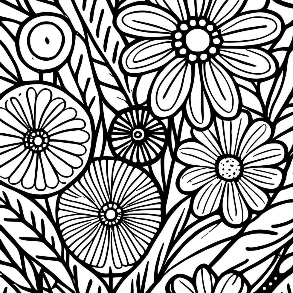 Abstract Black And White Monochromatic Hand-drawn Flowers Texture Pattern Doodle Vector Illustration