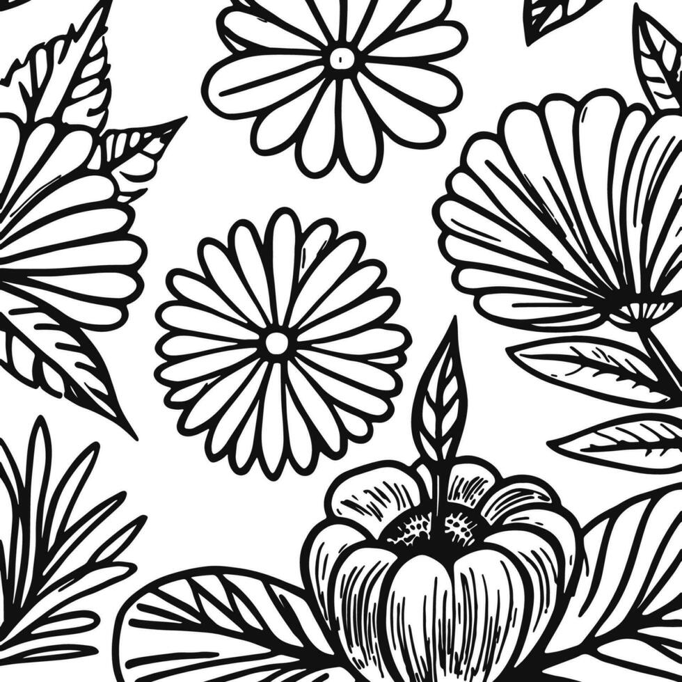 Abstract Black And White Monochromatic Hand-drawn Flowers Texture Pattern Doodle Vector Illustration