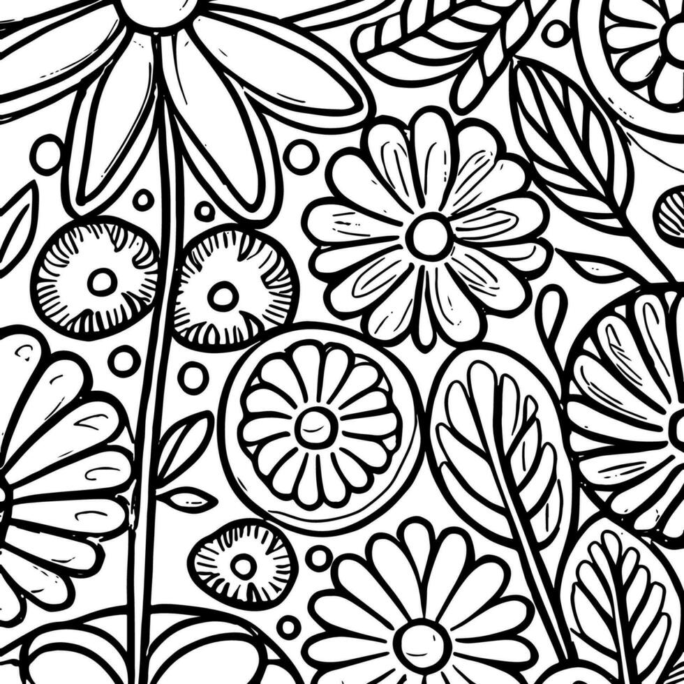 Abstract Black And White Monochromatic Hand-drawn Flowers Texture Pattern Doodle Vector Illustration