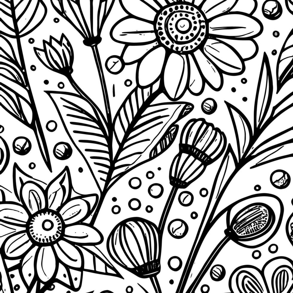 Abstract Black And White Monochromatic Hand-drawn Flowers Texture Pattern Doodle Vector Illustration
