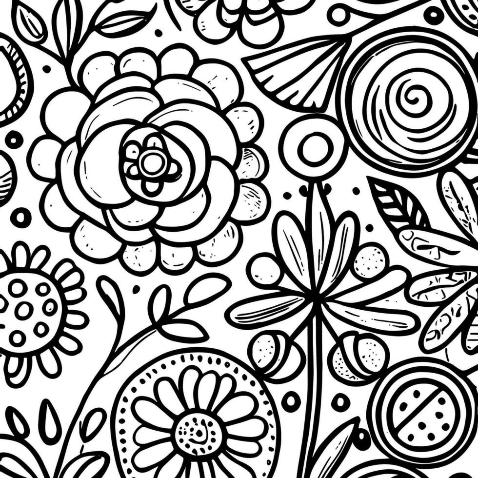 Abstract Black And White Monochromatic Hand-drawn Flowers Texture Pattern Doodle Vector Illustration