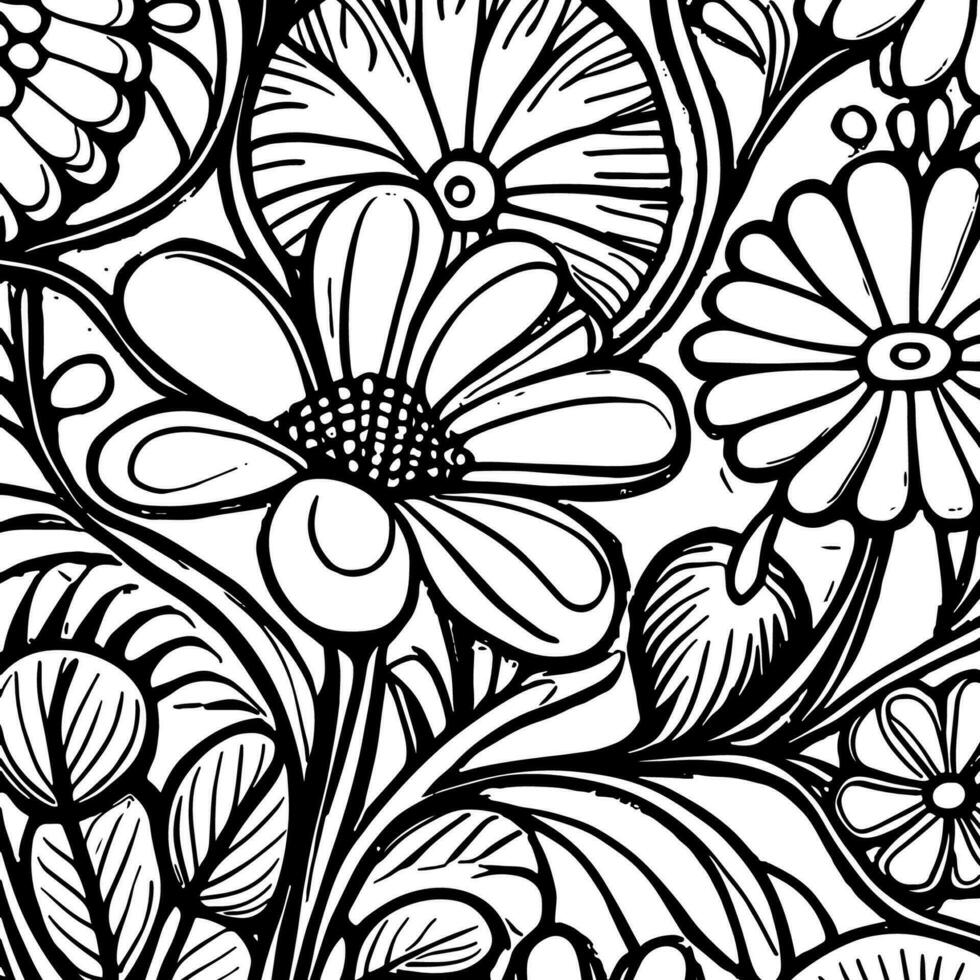 Abstract Black And White Monochromatic Hand-drawn Flowers Texture Pattern Doodle Vector Illustration