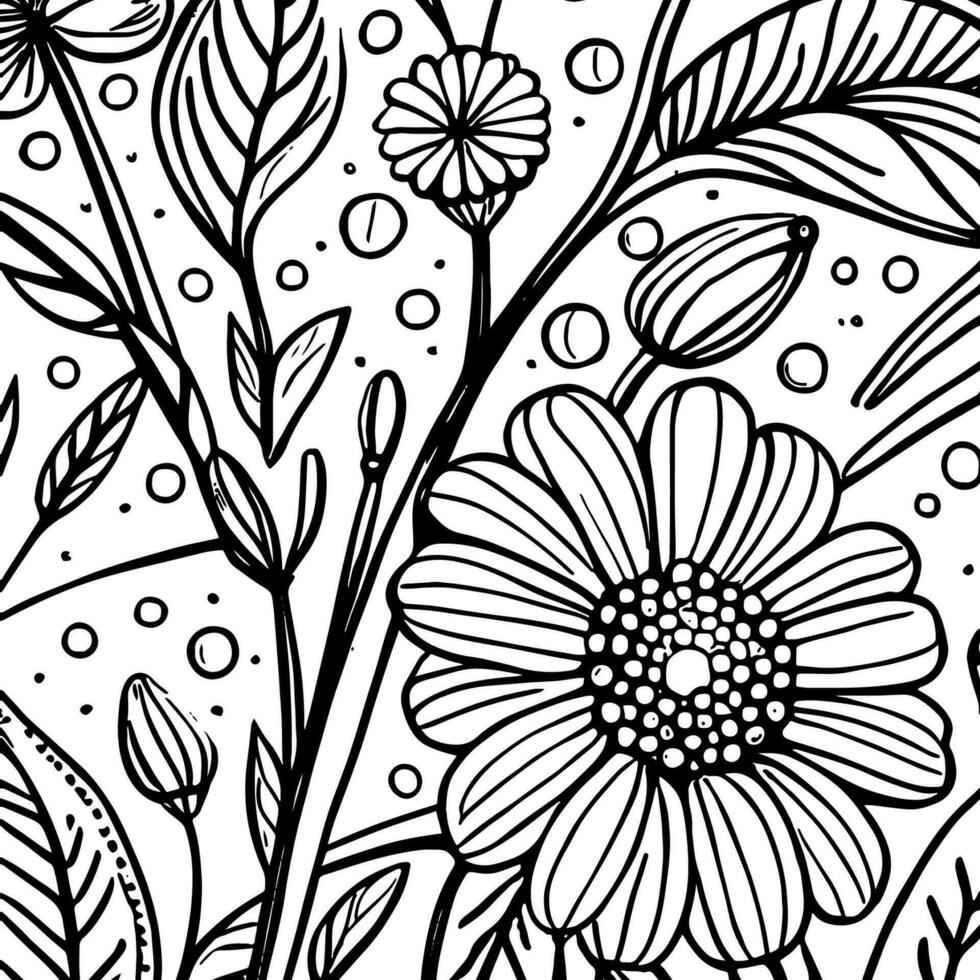 Abstract Black And White Monochromatic Hand-drawn Flowers Texture Pattern Doodle Vector Illustration