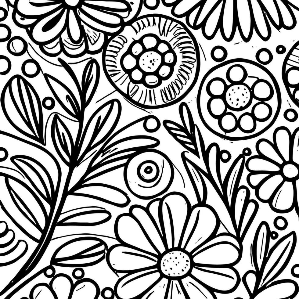 Abstract Black And White Monochromatic Hand-drawn Flowers Texture Pattern Doodle Vector Illustration