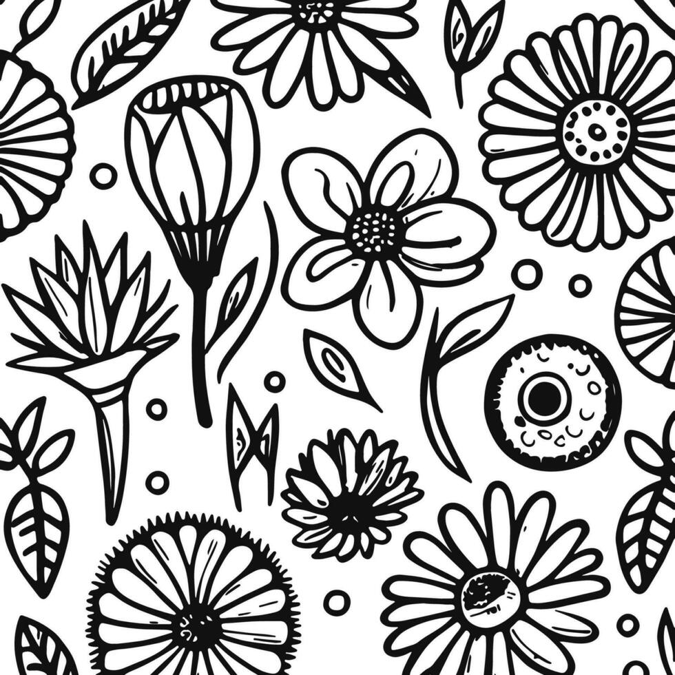 Abstract Black And White Monochromatic Hand-drawn Flowers Texture Pattern Doodle Vector Illustration