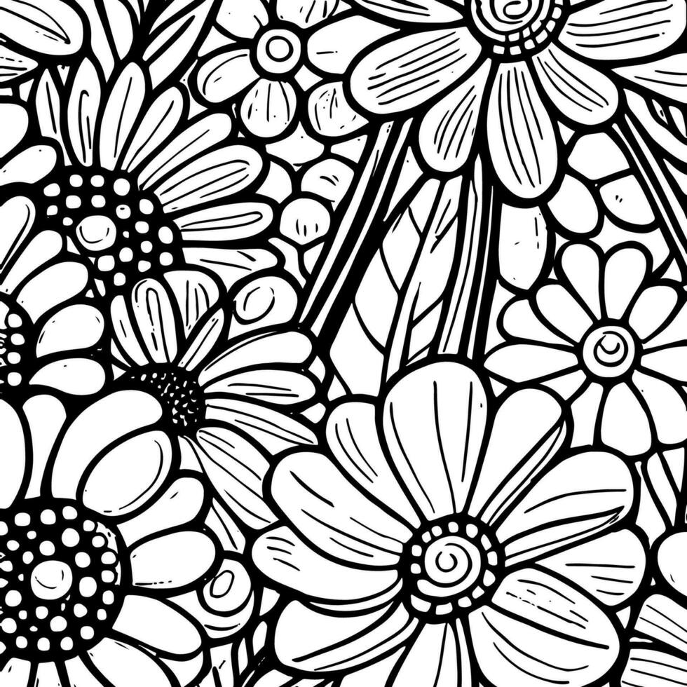 Abstract Black And White Monochromatic Hand-drawn Flowers Texture Pattern Doodle Vector Illustration