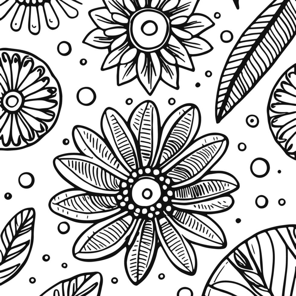 Abstract Black And White Monochromatic Hand-drawn Flowers Texture Pattern Doodle Vector Illustration