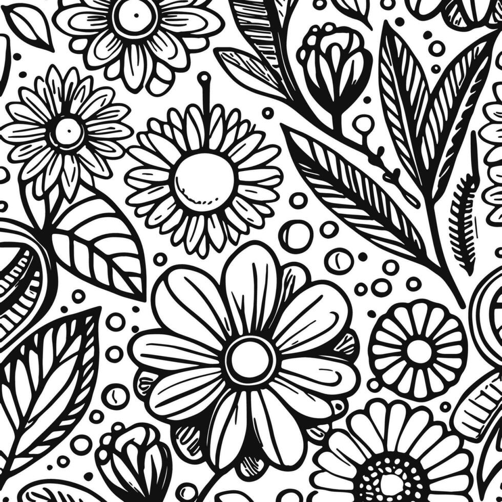 Abstract Black And White Monochromatic Hand-drawn Flowers Texture Pattern Doodle Vector Illustration