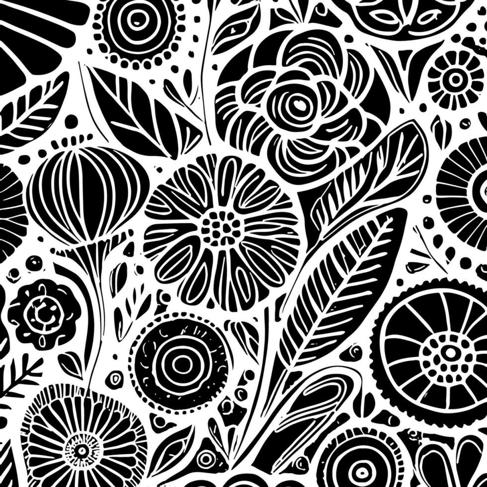 Abstract Black And White Monochromatic Hand-drawn Flowers Texture Pattern Doodle Vector Illustration