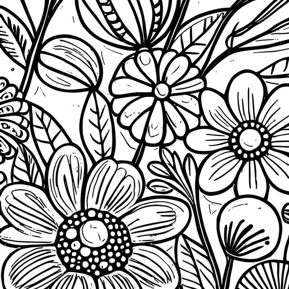 Abstract Black And White Monochromatic Hand-drawn Flowers Texture Pattern Doodle Vector Illustration
