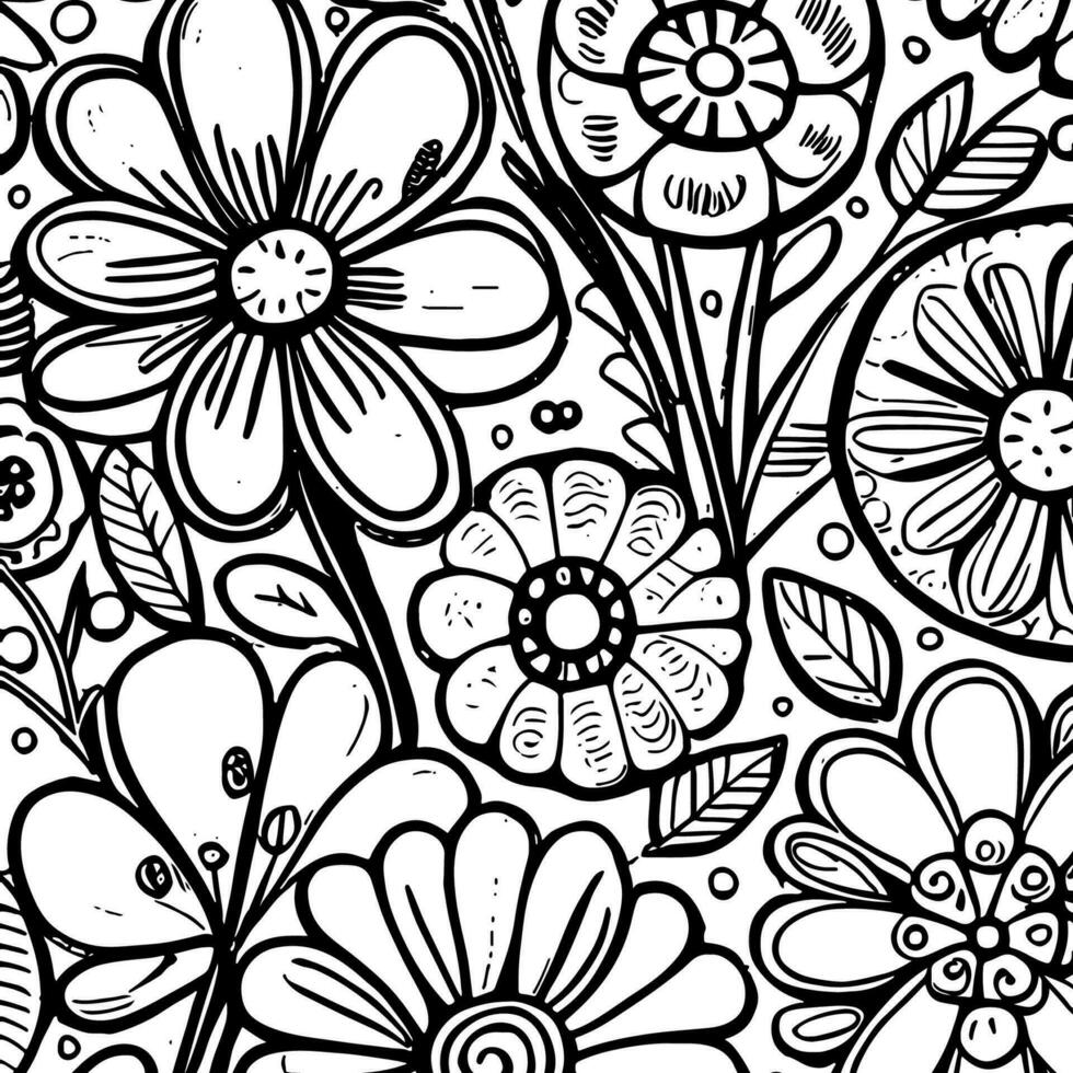 Abstract Black And White Monochromatic Hand-drawn Flowers Texture Pattern Doodle Vector Illustration